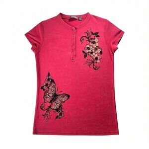 Red Tattoo Style Butterfly Floral Graphic Tee